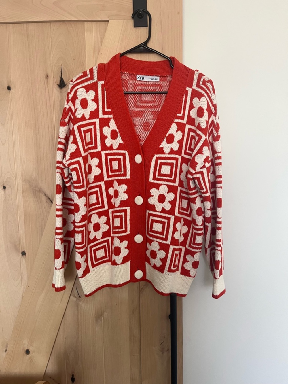 Zara Red and Cream Floral-Geometric Button-Up Cardigan